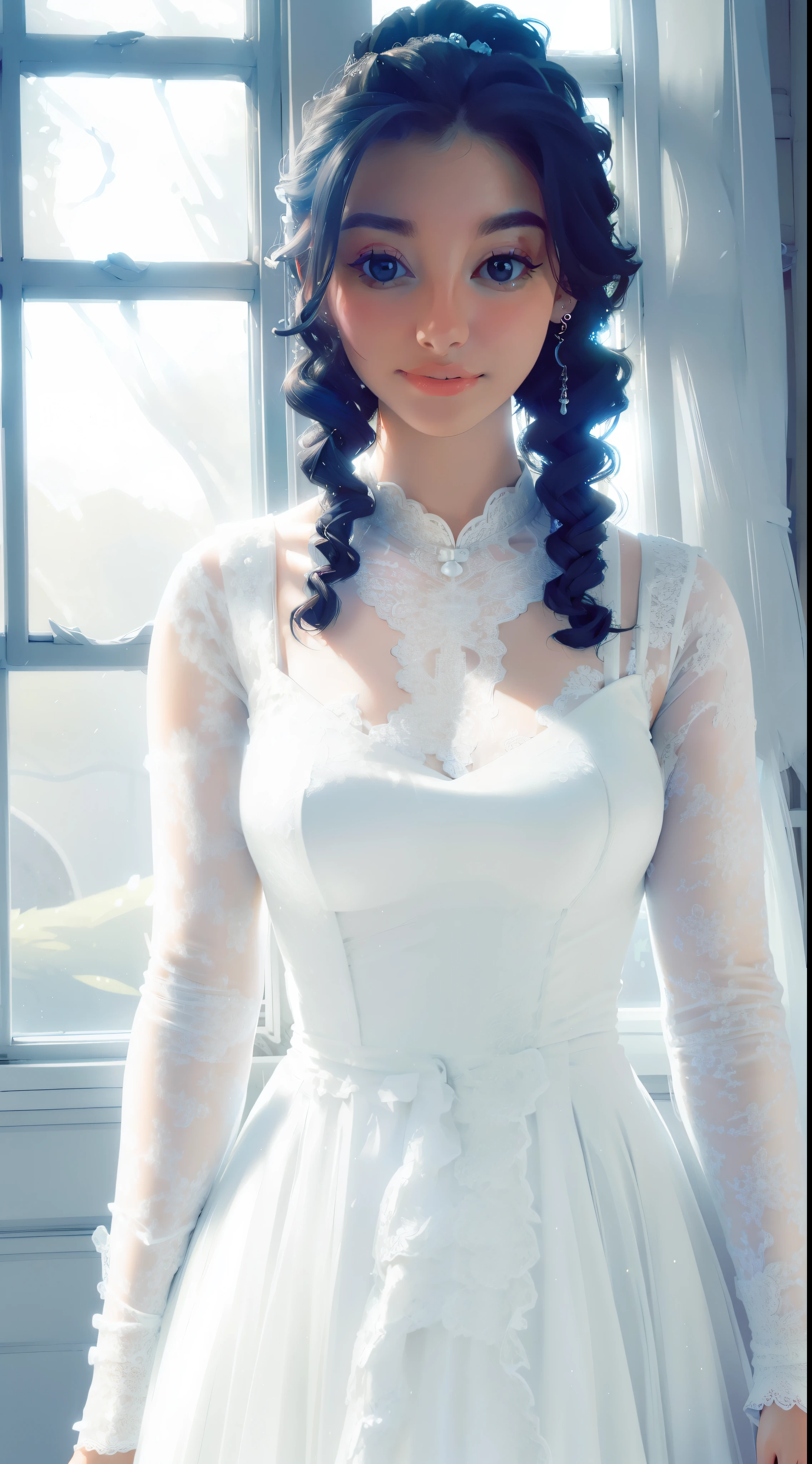 a close-up of a woman in a white dress standing in front of a window, beautiful dress, pretty white dress, fantasy dress, detailed dress, romantic dress, cute dress, magical dress, beautifully detailed dress, white dress, dressed in a beautiful white, stunning dress, intricate white dress, luxury dress, wearing a cute white dress,