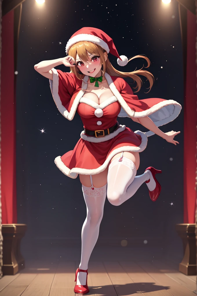anime, beautiful face, highly detailed face, 2 accurate legs, detailed eyes, highly detailed background, perfect lighting, accurate arms, accurate hands, accurate fingers, full body, 1girl, solo, ruby hoshino, oshi no ko, female santa, sexy santa outfit, santa cape, heels, thighhighs, garter stockings, absurdres, high res, ultrasharp, 8K, masterpiece, looking at viewer (dancing pose:1.2), (full body:1.4), Christmas concert, Christmas idol, performing, on stage, dancing, mouth open smile, full of delight, blushed, cleavage, breast, leaning_forward, sntdrs