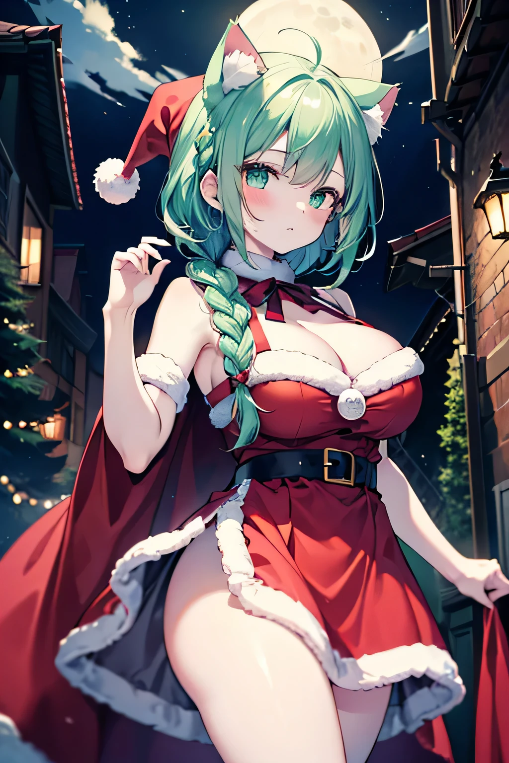((masutepiece)), ((Best Quality)), ((8K)), High resolution, 1girl in, Cat ears, Moon Night, backstreet, Green eye, aqua hair, a pixie cut, braid, pale skin, braided bangs, blush, sulking, Large breasts, santa dress