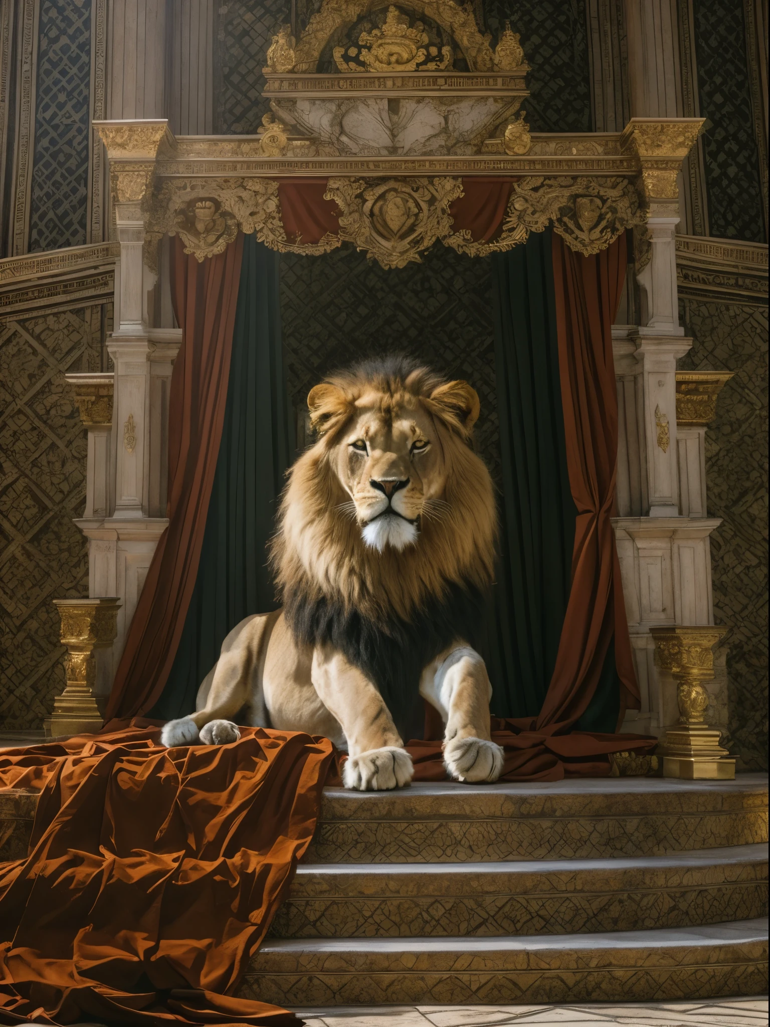 photograph of a majestic lion wearing a red royal mantle with a gold crown on its head sitting on throne inside of a castle, cinematic lighting, backlighting, UHD, masterpiece, anatomically correct, super detail, 8k