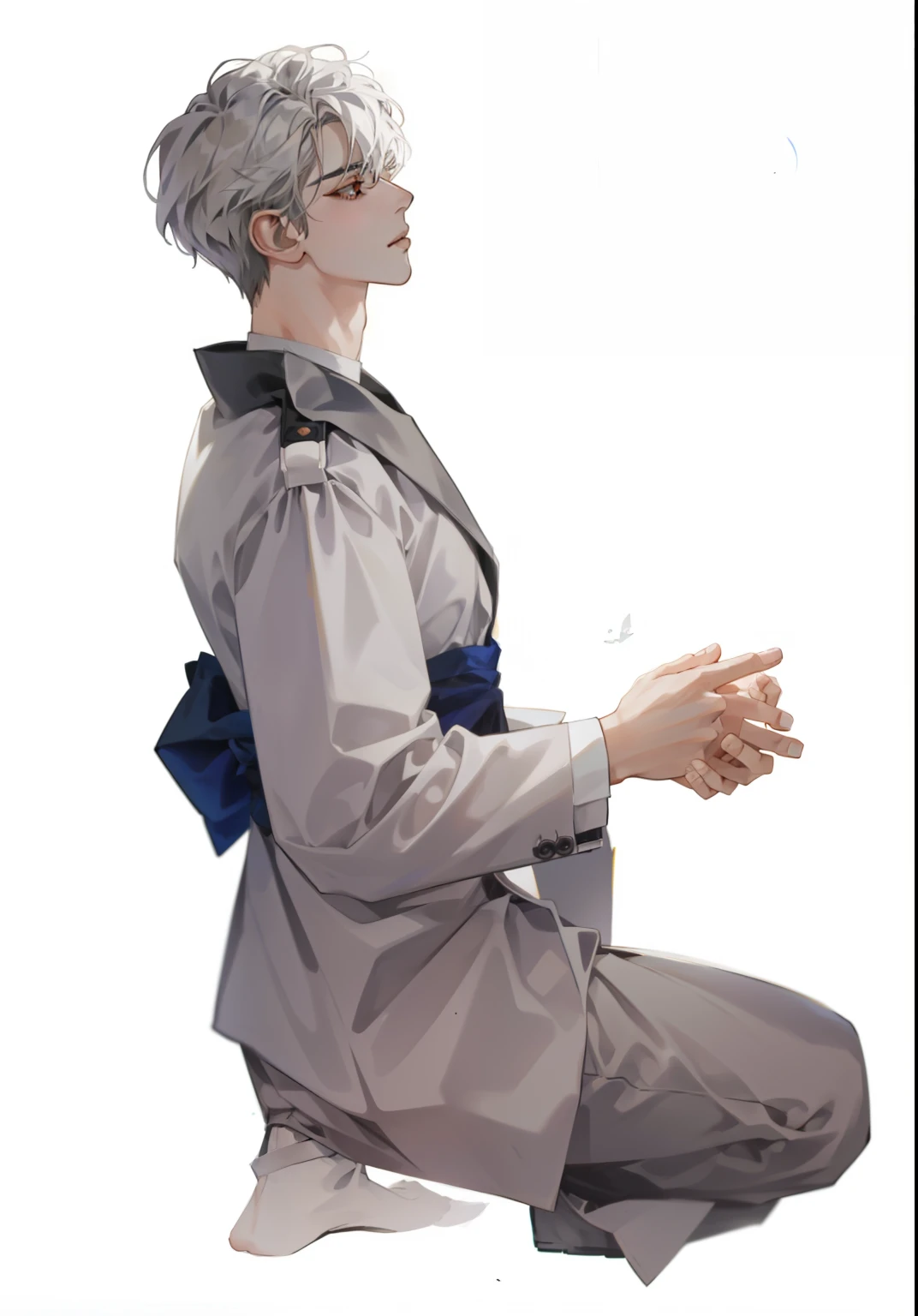 There was a man kneeling with his hands clasped together., Inspired by Goyō Hashiguchi, Inspired by Itō Shinsui, Inspired by Josetsu, Makoto Shinkai. Digital Display, Delicate gangster prince, Inspired by Munakata Shikō, Inspired by Uemura Shōen
