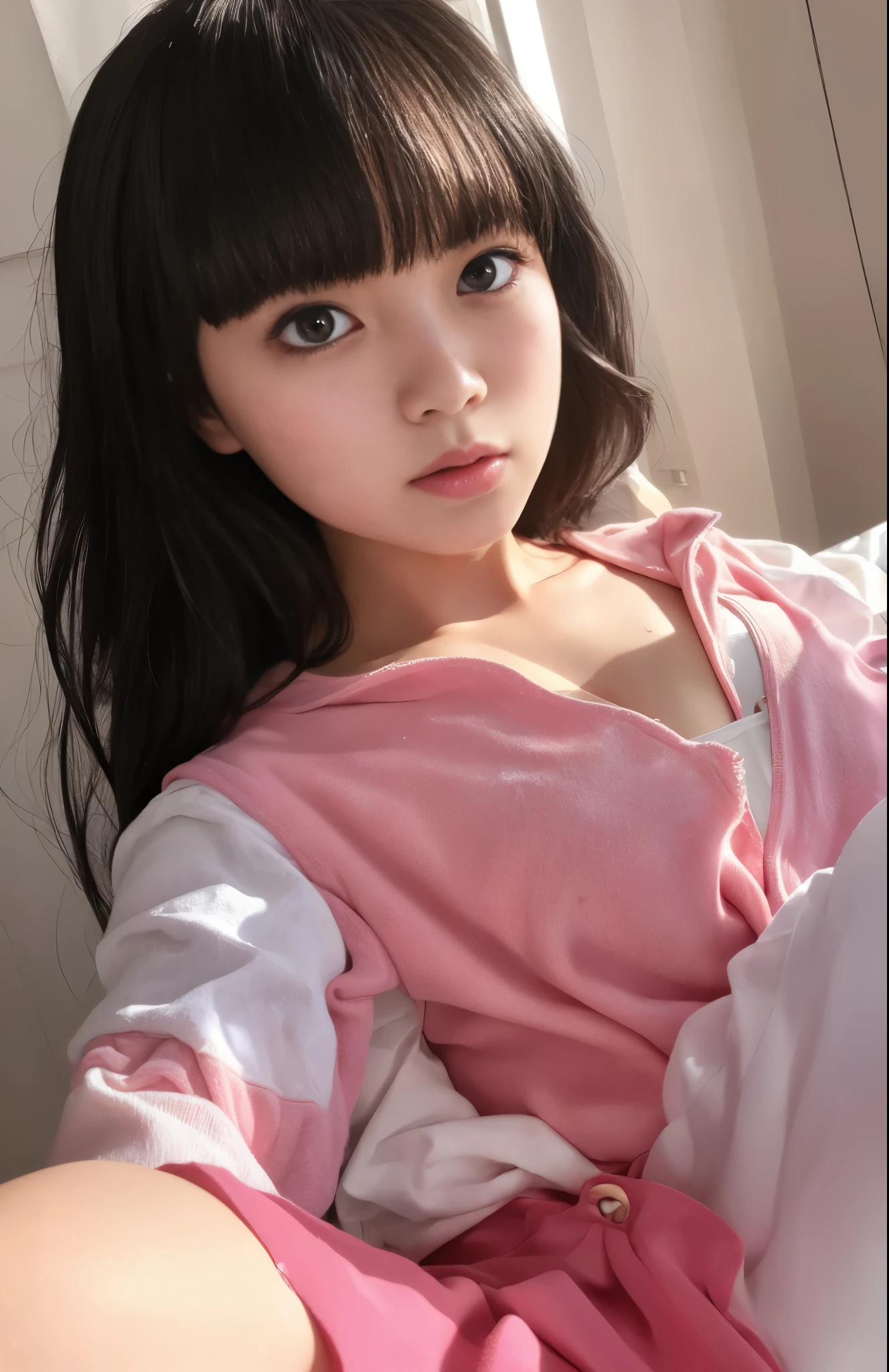 Loli anime girl in pink wet clothes, Realistic Shadows, Detailed skin, Very small breasts, Black hair, Hair Ribbon, Very detailed, 8K highly detailed face, Perfect face shape, Perfect lips, Perfect nose, Correct beautiful eyes, Watching Viewer, masutepiece, Best Quality, Single Girl, No bra, No panties, Solo