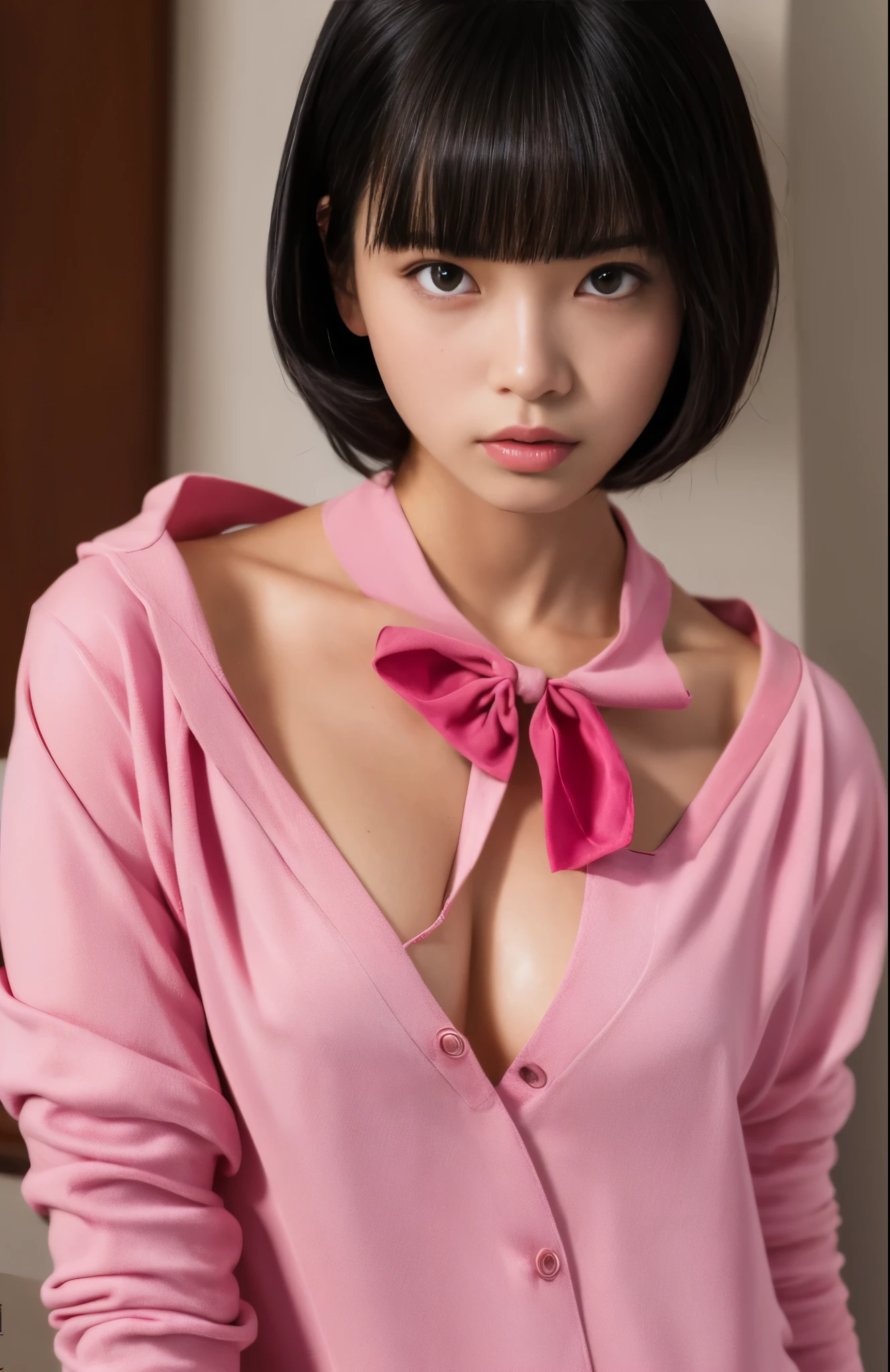 Loli anime girl in pink wet clothes, Realistic Shadows, Detailed skin, Very small breasts, Black hair, Hair Ribbon, Very detailed, 8K highly detailed face, Perfect face shape, Perfect lips, Perfect nose, Correct beautiful eyes, Watching Viewer, masutepiece, Best Quality, Single Girl, No bra, No panties, Solo