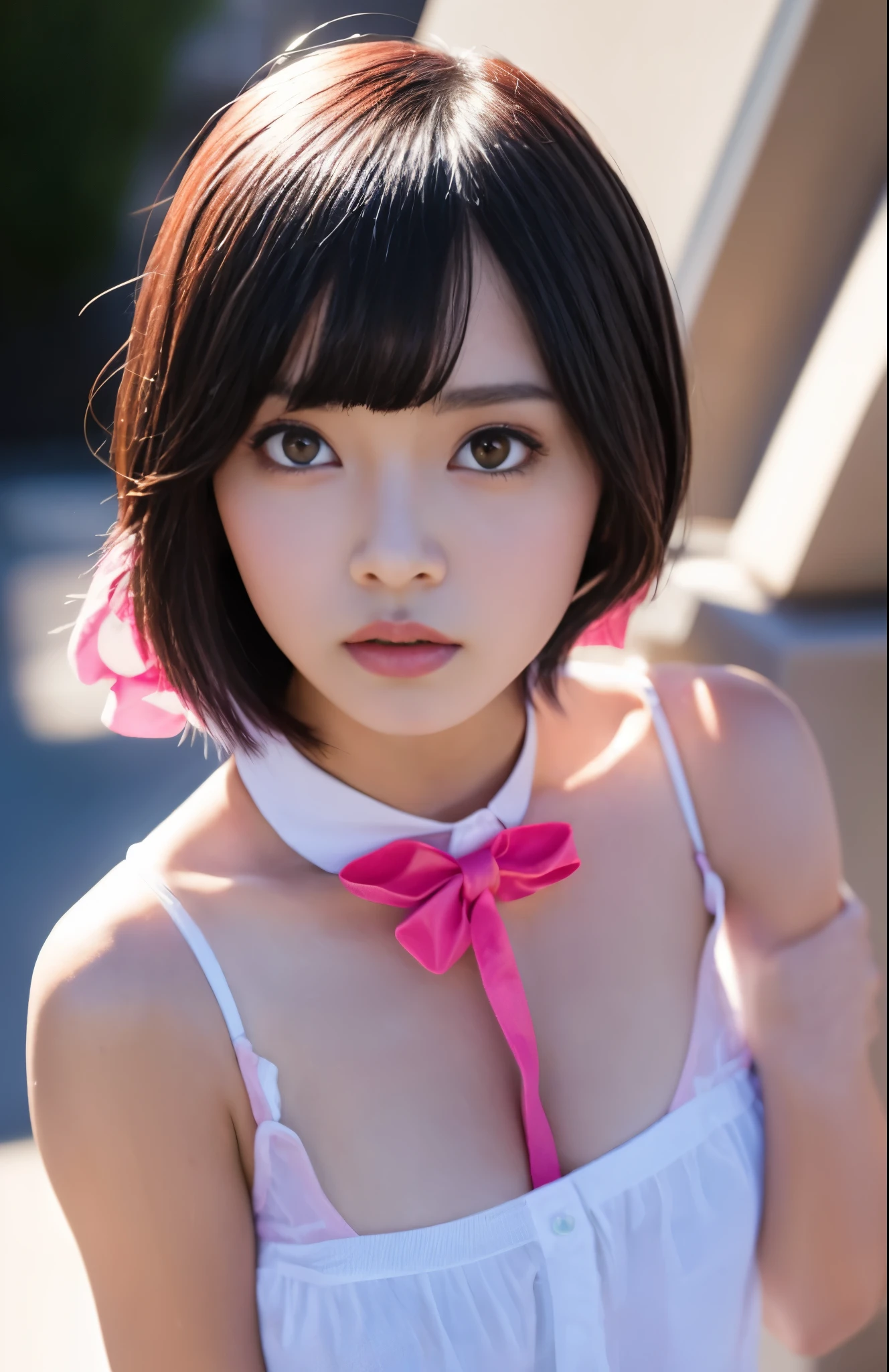 Loli anime girl in pink wet clothes, Realistic Shadows, Detailed skin, Very small breasts, Black hair, Hair Ribbon, Very detailed, 8K highly detailed face, Perfect face shape, Perfect lips, Perfect nose, Correct beautiful eyes, Watching Viewer, masutepiece, Best Quality, Single Girl, No bra, No panties, Solo