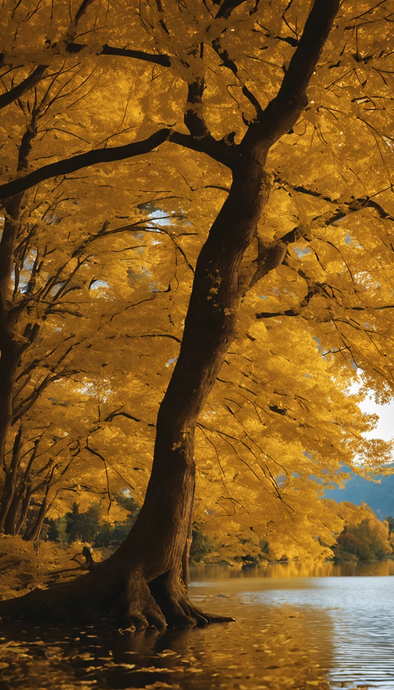 deep dark background。towering trees,Leaves of ginkgo tree,Standing on the shore,autumnal,wide beautiful lake,Give people a sense of calm