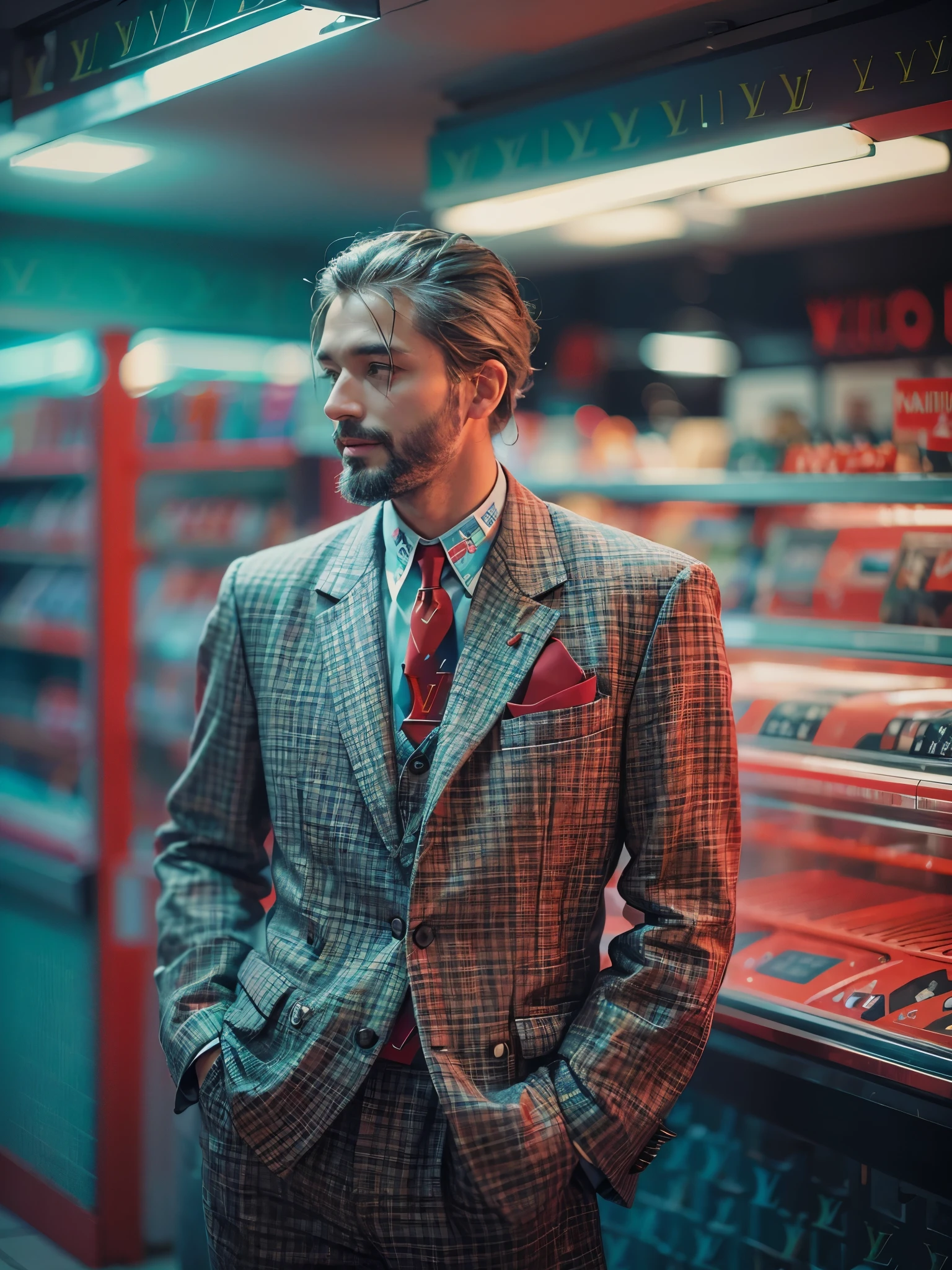 analogue fashion photo shot of mature handsome man with short hair, beard, in a 1950 cuban supermarket, ((neon lights red and blue lights)), (((((high fashion suit in the style of Luis Vuitton))))), model poses, (little smile:1.3), masterpiece, eye level, Kodak Funsaver, Porta 160, 20mm, bokeh, in the style of Nan Goldin, textured, distressed, ((vintage)), edgy, noisy, high contrast