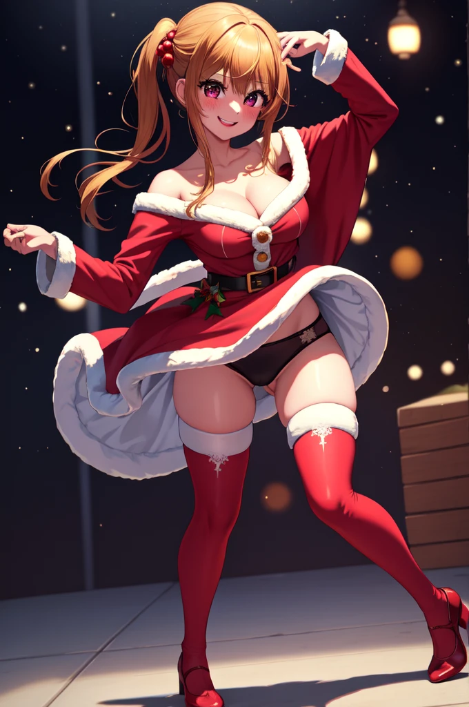 anime, beautiful face, highly detailed face, 2 accurate legs, detailed eyes, highly detailed background, perfect lighting, accurate arms, accurate hands, accurate fingers, full body, 1girl, solo, ruby hoshino, oshi no ko, female santa, santa outfit, santa cape, heels, thighhighs, garter stockings, absurdres, high res, ultrasharp, 8K, masterpiece, looking at viewer (dancing pose:1.2), (full body:1.4), Christmas concert, Christmas idol, performing, on stage, dancing, smiling with compassion, mouth open smile, full of delight, blushed, cleavage, breast, leaning_forward, sntdrs