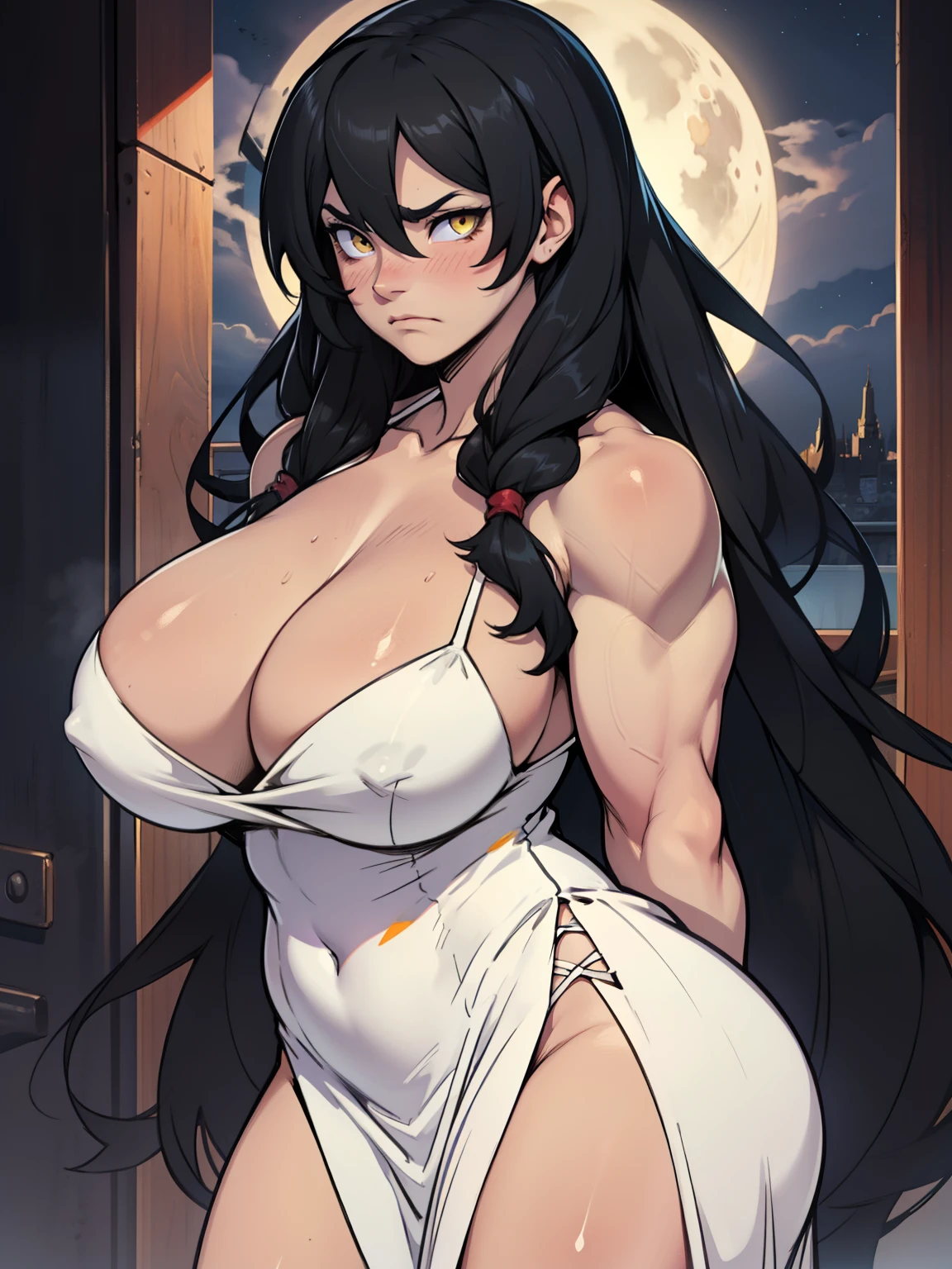 girl muscles huge breasts pale skin very long hair black hair yellow eyes sad blushing solo frown very long hair night dress