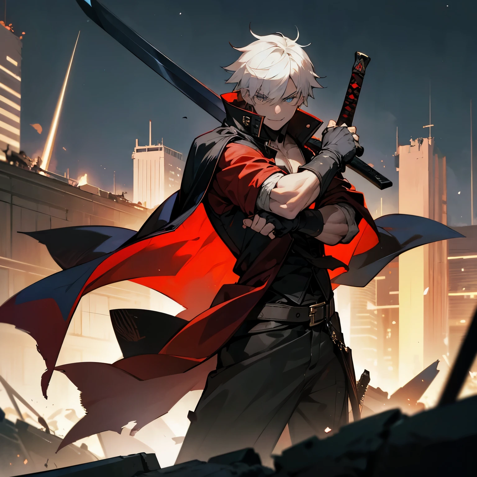 masterpiece, best quality, 1boy, dante, white hair, open clothes, coat, fingerless gloves, belt, city, detailed eyes, destroyed buildings, destruction, (night:1.4), smiling, natural light,war, angry eyes, looking ahead, male focus, muscles, movie composition, deth of field, bokeh (demons on the background:1.2) , (sword:1.2), fighting pose, explosions, upper,