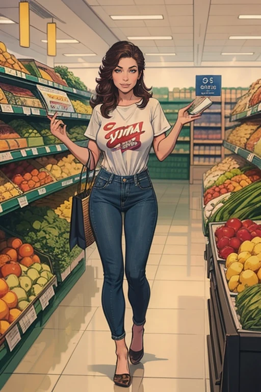 Asian woman with long brown hair, casual outfit in the supermarket, beautiful young Korean woman with fair skin showing her whole body, with long hair, Asian beautiful face, young Asian girl, wearing jeans, full body inside the supermarket with a basket of shopping