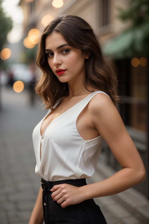 Body photo of an attractive Italian woman, 22 years old, name Mirabella, v-neck white blouse top, female , Tall, Slim, Oval Face, Dark Skin, Brown Hair, Violet Eyes, Short Nose, Full Lips, Prominent Chin, Shoulder Length Hair, Fine Hair, Loose,wavy Curls, medium breasts, red lipstick, arms above head, Masterpiece, high definition, 8k, award-winning, RAW photo, high quality, 35mm photo, film grain, bokeh, professional, 4k, highly detailed, Masterpiece (Cinematic lighting: 1. 1)
