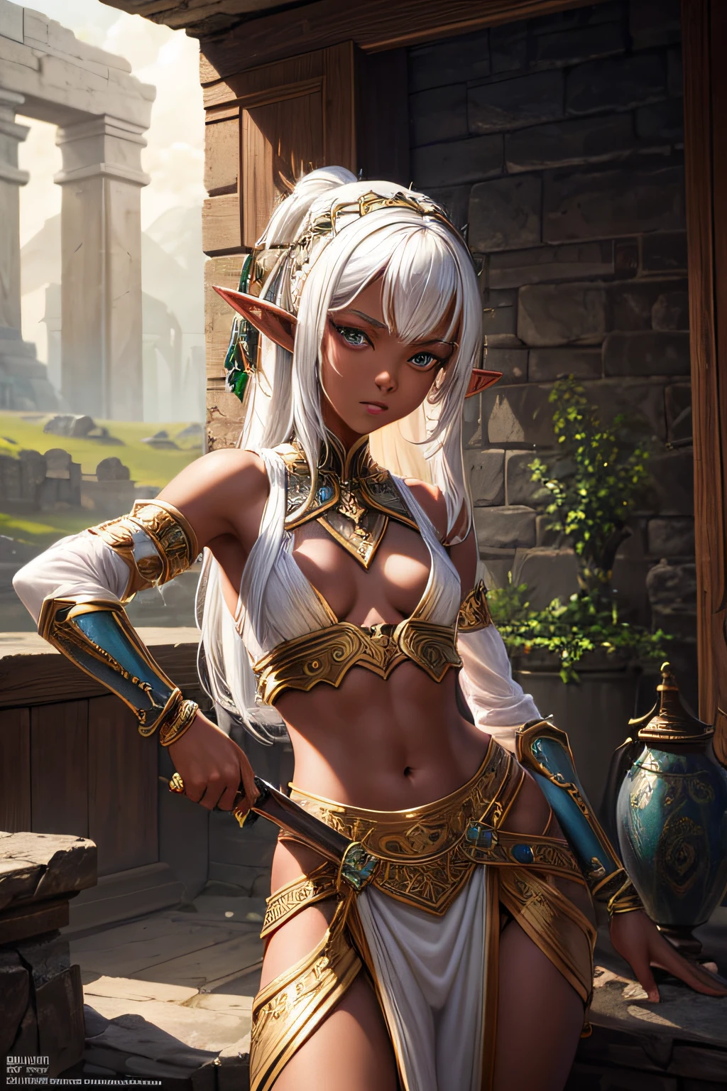 young girl, ancient elf warrior, long pointy ears, dark skin, short white hair, sexi, small breasts, ancient elf armor and accesories, wielding a sword, highly detailed, vibrant appearance, creative behavior, extremly detailed, imaginative, sensual, spontaneous, highest quality, skin texture, intricate details, (cinematic lighting), RAW photo, 8k, masterpiece,best quality,ultra-detailed,very detailed illustrations,extremely detailed,intricate details,highres,super complex details,extremely detailed 8k cg wallpaper,