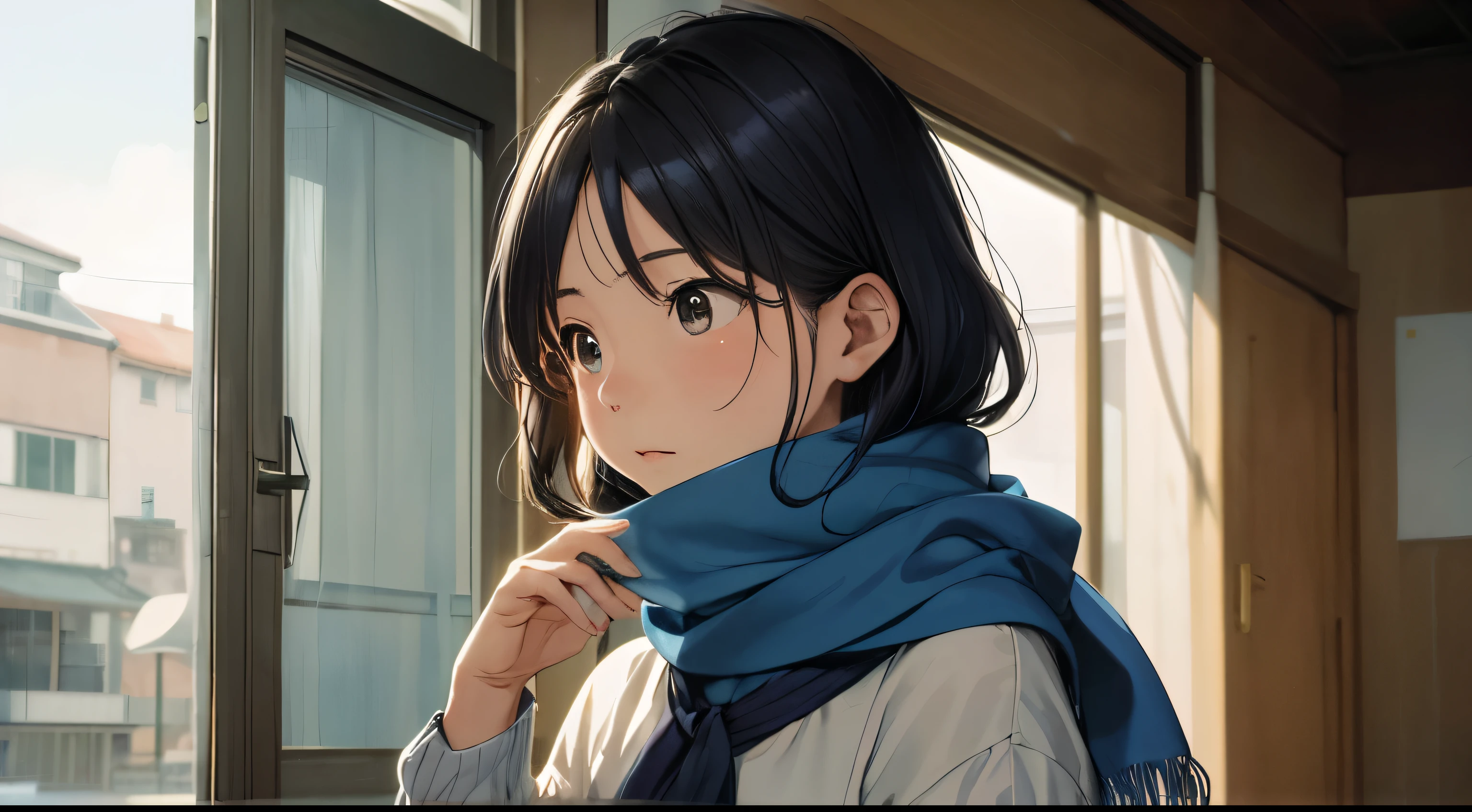 here is a woman with a blue scarf on her neck, lulu chen, rinko kawauchi, inspired by Ma Yuanyu, lofi girl, nanae kawahara, akiko takase, yasumoto oka, close-up portrait film still, eiko ishioka, chiho, gemma chen, louise zhang, kuvshinov ilya