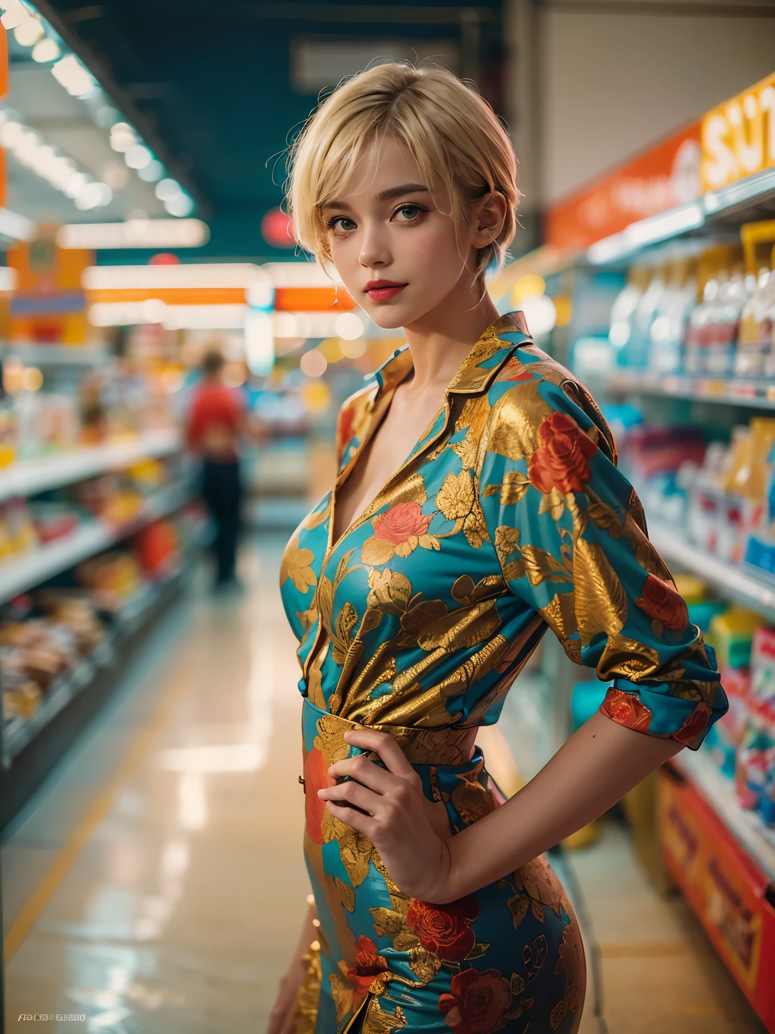 analogue fashion photo shot of young blonde woman with short hair, (large breast:1.4), glamorous body, in a 1950 cuban supermarket, ((neon lights red and blue lights)), (high fashion golden one piece in the style of Saint Lauren:1.3), super model, model poses, full body, (little smile:1.3), masterpiece, eye level, Kodak Funsaver, Porta 160, 20mm, bokeh, in the style of Nan Goldin, textured, distressed, ((vintage)), edgy, noisy, high contrast