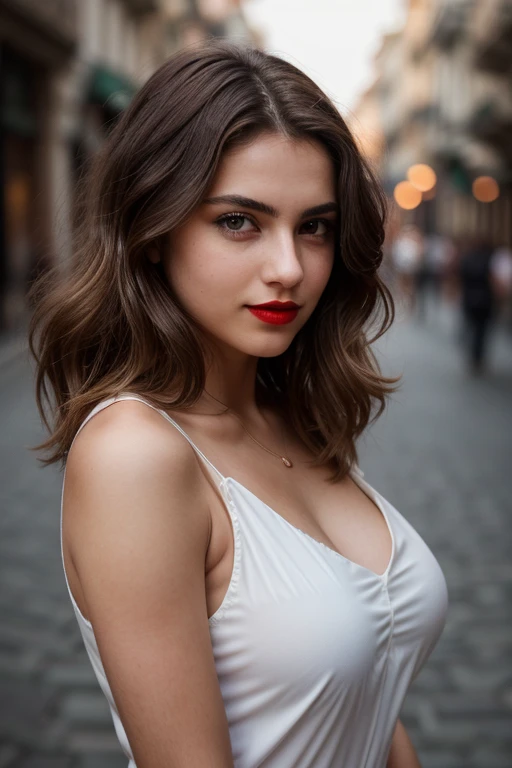 half-Body photo of an attractive Italian woman, 22 years old, name Mirabella,  flashing (breasts: 1. 0), v-neck white blouse top, female , Tall, Slim, Oval Face, Dark Skin, Brown Hair, blue Eyes, Short Nose, Full Lips, Prominent Chin, Shoulder Length Hair, Fine Hair, Loose,wavy Curls, medium breasts, red lipstick, arms above head, Masterpiece, high definition, 8k, award-winning, RAW photo, high quality, 35mm photo, film grain, bokeh, professional, 4k, highly detailed, Masterpiece (Cinematic lighting: 1. 1)