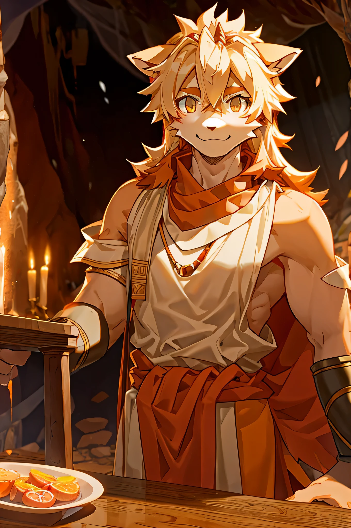 anthropomorphic fox, orange fur, wearing roman toga, cave background, sacrifice table behind,