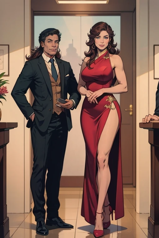 Asian woman with long brown hair, wearing women's suit, beautiful young Korean woman with fair skin showing her whole body, with long hair, Asian beautiful face, young Asian girl, wearing full women's suit, full body in line at the bank