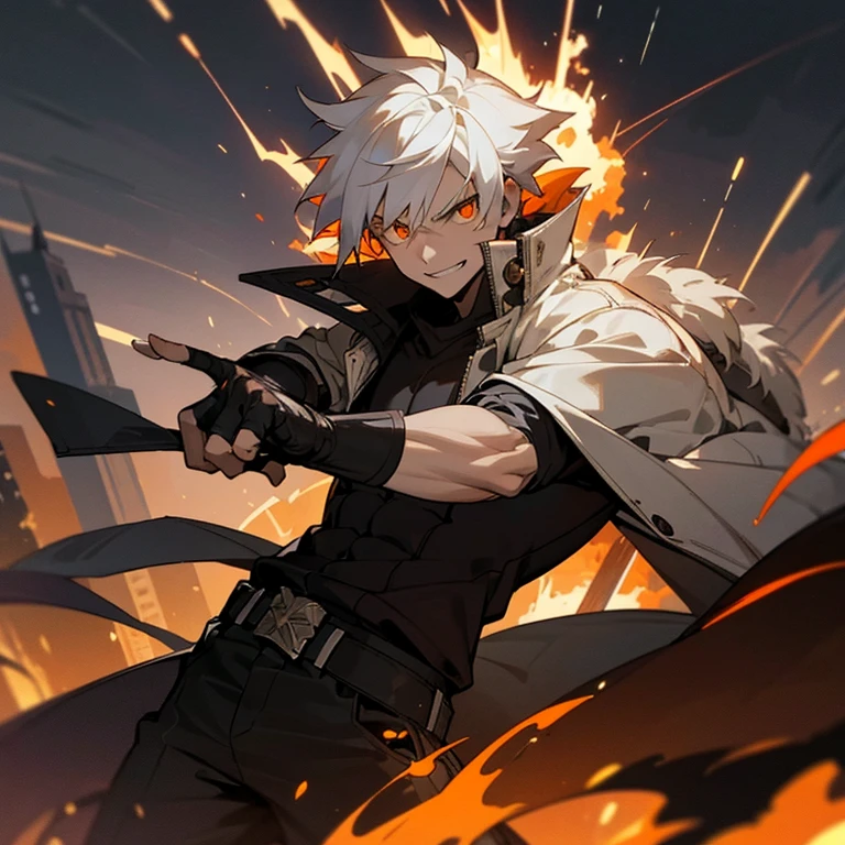 masterpiece, best quality, 1boy, white hair, open clothes, coat, fingerless gloves, belt, city, detailed eyes, fire, destruction, (night:1.4), smiling, natural ligh, orange eyes, angry eyes, looking ahead, male focus, muscles, movie composition, deth of field, bokeh (demons on the background:1.2) , fighting pose, explosions, upper,