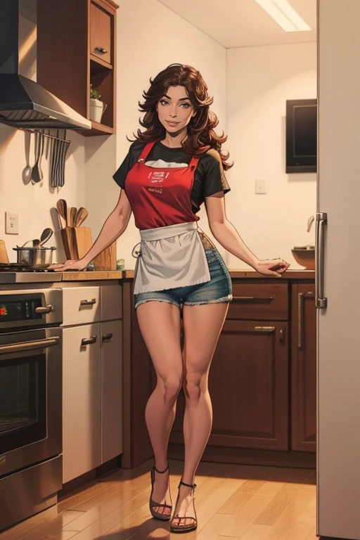 Asian woman with long brown hair, wearing a red apron, beautiful young Korean woman with fair skin showing her whole body, with long hair, Asian beautiful face, young Asian girl, wearing t-shirt, shorts and red apron, full body in the kitchen prepared food