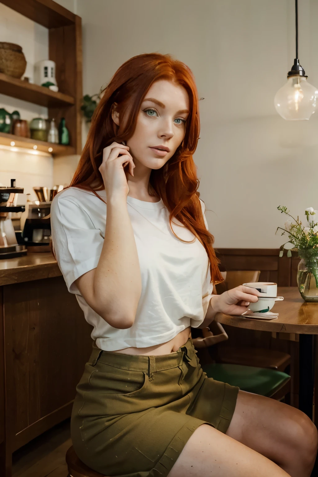((redhead woman:1.2)), ((green eyes:1.1)), ((Nordic ethnicity:1.1)), enjoying a casual coffee:1.4), sitting at a vintage café:1.3), relaxed atmosphere:1.2), classic interior design:1.3), comfortable , wearing too small of a white t-shirt