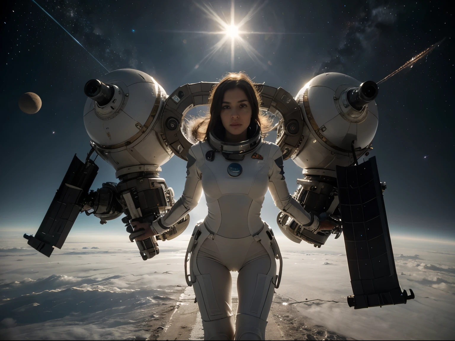 A beautiful girl, dressed in a silver sci-fi style costume, stands on an endless surface of water with floating mist, inspired by scenes from the movie Interstellar