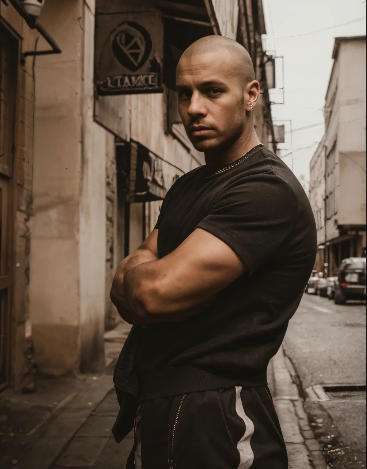 Dramatic photoshoot, one man, skinhead, rough, street-rat, wornout  outfit, posing, instagram photoshoot, professional, full hd, cinematic shot,