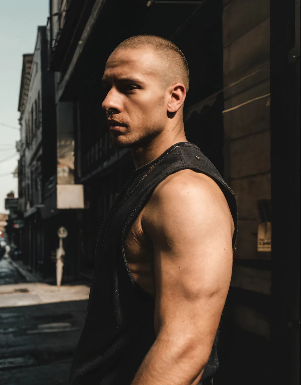 Dramatic photoshoot, one man, skinhead, rough, street-rat, wornout  outfit, posing, instagram photoshoot, professional, full hd, cinematic shot,