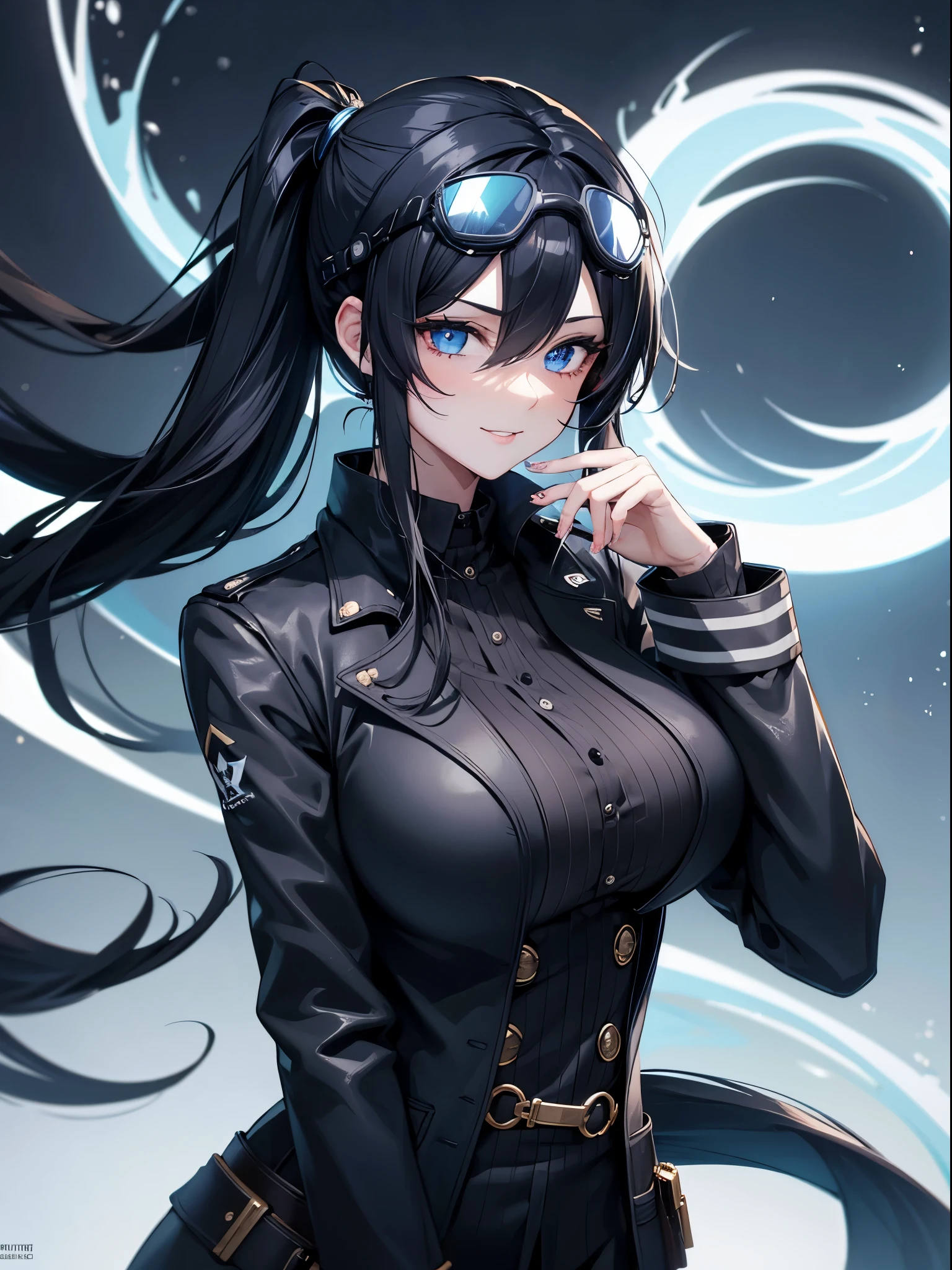 female, smile , black hair, long pony tail, dark blue eye,blue eye, detective, black top hat with head goggles, black hair, dark blue eyes, black trench coat, blue vest, white shirt, big boobs , huge breasts, night time, sea, moonlight, star, erotic pose