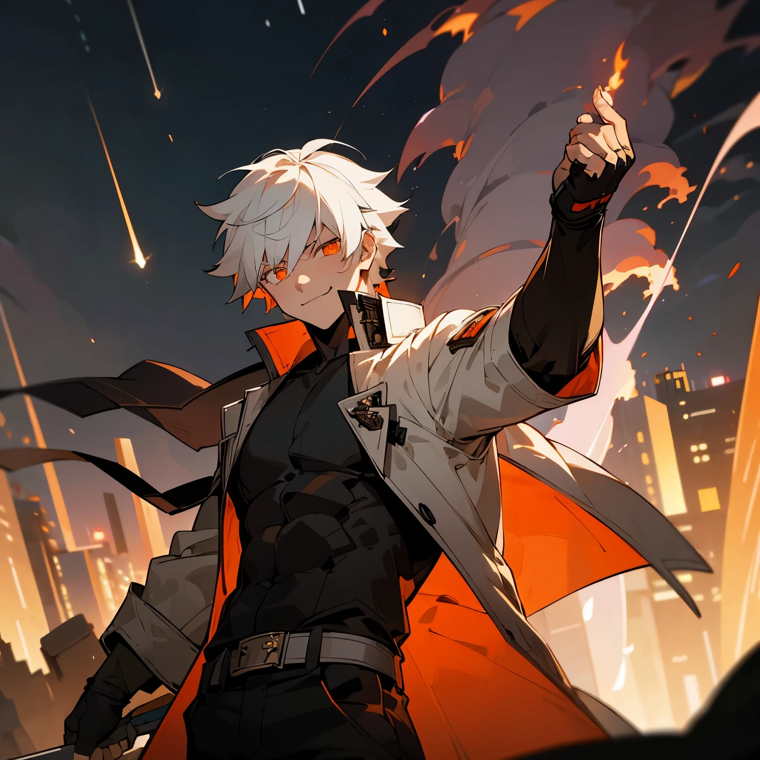 masterpiece, best quality, 1boy, white hair, open clothes, coat, fingerless gloves, belt, city, detailed eyes, fire, destruction, (night:1.4), smiling, natural ligh, orange eyes, angry eyes, looking ahead, male focus, muscles, movie composition, deth of field, bokeh (demons on the background:1.2) , fighting pose, explosions, upper,