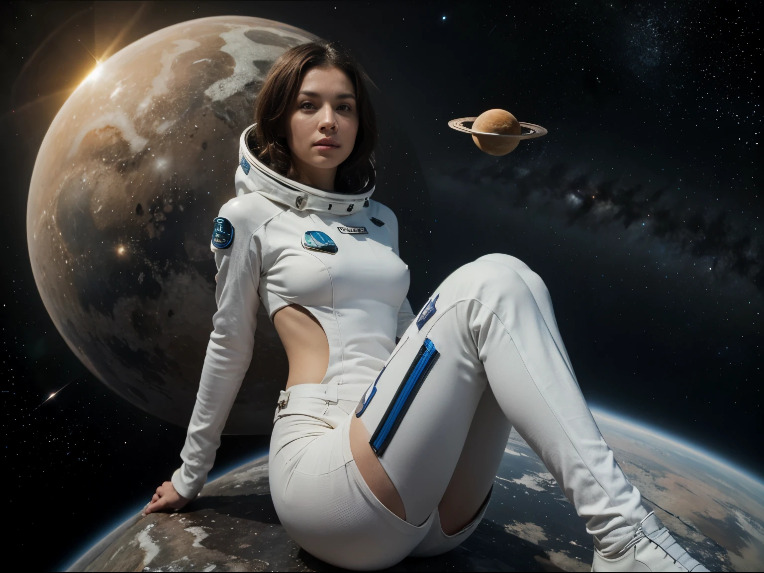 ((best quality)), ((masterpiece)), (detailed), perfect face, alien looking female space walking in tight space suit, battlecruiser, open space, planets, sun, gas giants, stars full body photos, alien, star station.