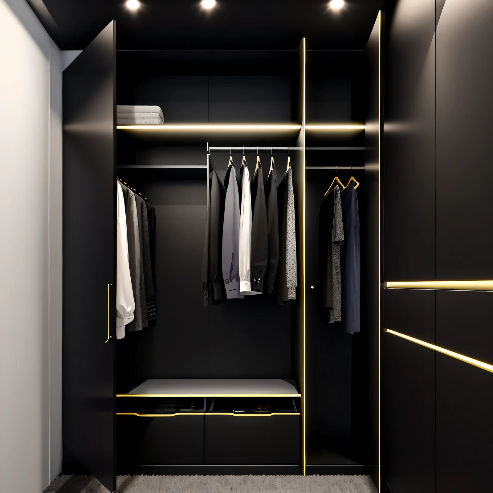 Close-up of wardrobe with many clothes, elegant wardrobe, Elegant futuristic wardrobe, cabinet furniture, 金色和Black color scheme, clothing photography, small rooms, photorealistic room, exiting from a wardrobe, full clothing, black and scheme, High customization, black show room, realistic clothes, Black color scheme, 3d product, Black and color scheme