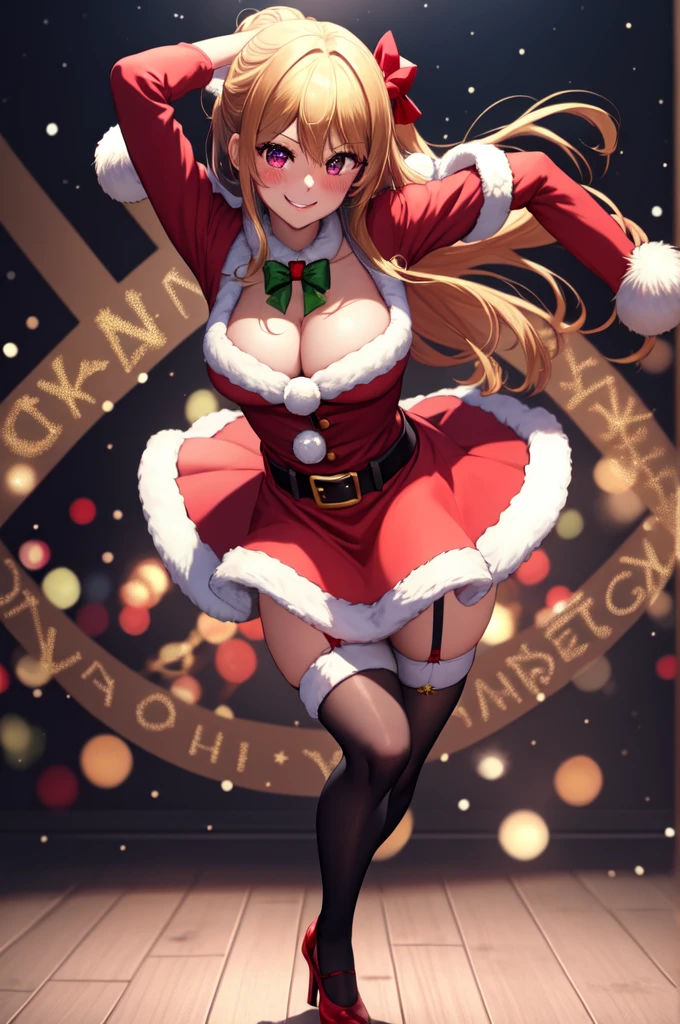 anime, beautiful face, highly detailed face, 2 accurate legs, detailed eyes, highly detailed christmas background, perfect lighting, accurate arms, accurate hands, accurate fingers, full body, 1girl, solo, ruby hoshino, oshi no ko, female santa, sexy santa outfit, santa cape, heels, thighhighs, garter stockings, absurdres, high res, ultrasharp, 8K, masterpiece, looking at viewer (dancing pose:1.2), (full body:1.4), Christmas concert, Christmas idol, performing on stage, on stage, dancing, both hands behind head, smiling with compassion, mouth open smile, full of delight, blushed, cleavage, breast, sntdrs