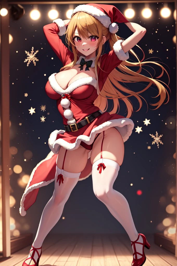 anime, beautiful face, highly detailed face, 2 accurate legs, detailed eyes, highly detailed christmas background, perfect lighting, accurate arms, accurate hands, accurate fingers, full body, 1girl, solo, ruby hoshino, oshi no ko, female santa, sexy santa outfit, santa cape, heels, thighhighs, garter stockings, absurdres, high res, ultrasharp, 8K, masterpiece, looking at viewer (dancing pose:1.2), (full body:1.4), Christmas concert, Christmas idol, performing on stage, on stage, dancing, both hands behind head, smiling with compassion, mouth open smile, full of delight, blushed, cleavage, breast, sntdrs