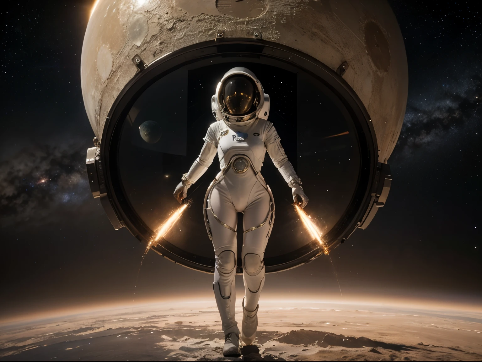 ((best quality)), ((masterpiece)), (detailed), perfect face, alien looking female space walking in tight space suit, battlecruiser, open space, planets, sun, gas giants, stars full body photos, alien, star station.
