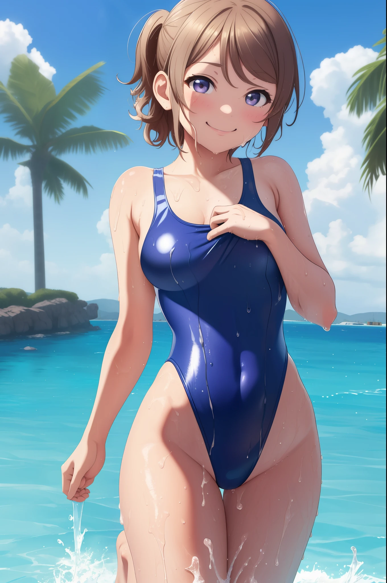 (Masterpiece)), 8k wallpaper,solo, Watanabe you, wet, standing,pov, smile,wearing only a basic swimsuit and pumps, The shoulder area of the swimsuit is a tank top type without decoration, The waist of the swimsuit is a high-cut leotard type The surface of the swimsuit is slippery.