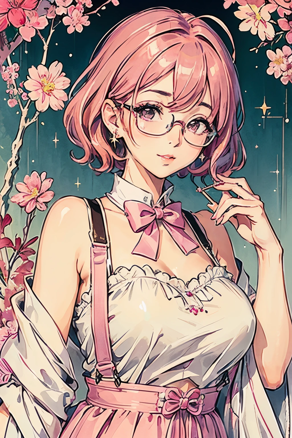 (Masterpiece:1.2, Best Quality), (dinamic lighting) 1lady, 独奏, Short hair, big breasts,  (sparkly skin:1.2), upper-body, eyeglasses, contemporary, wavy pink hair,pink suspenders, flower on ear, Harajuku style, hair pin, loli ,ahoge