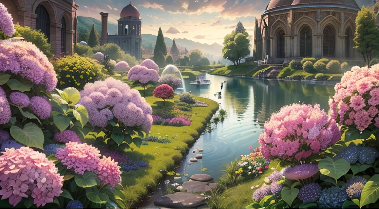 Hydrangeas, park, lake, small hill, pebble path, wallpaper, Art Deco, high detail, Cubist Futurism, Surrealism, modern, Gothic art, atmospheric perspective, panorama, perspective, diffraction spikes, masterpiece, best quality, anatomically correct, high details, 8K