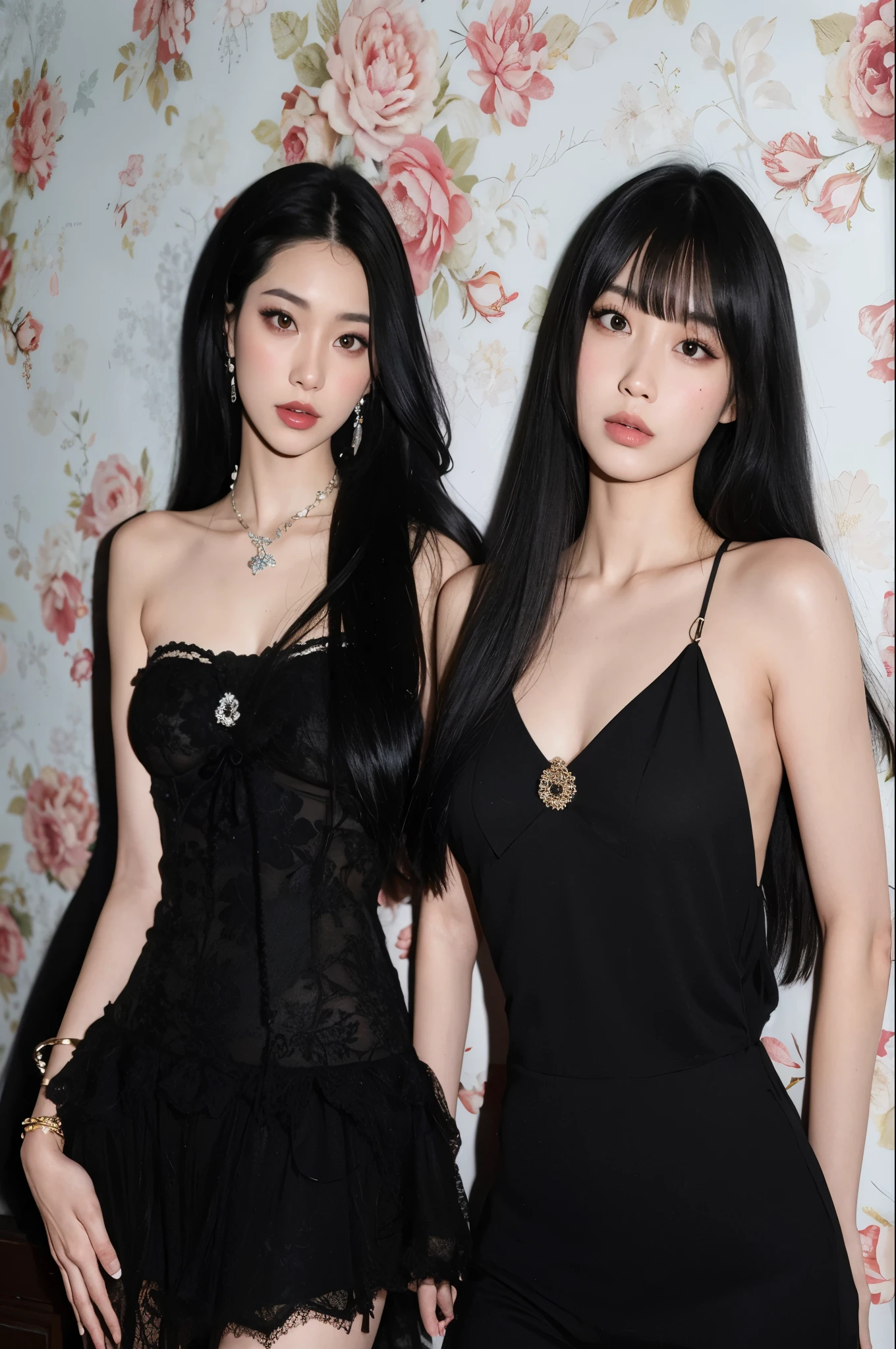 Dos mujeres vestidas de negro posando para una foto frente a una pared floral, 2 0 2 0 moda, con negro, ulzzang, inspirado por Wang Duo, rosa negro, beautiful gemini gemelos, Dos modelos en el marco, perfume, gemelos, xianxia fantasy, Nixeu y Sakimichan, Xilaxia de cuerpo completo, con hiedra, JIA