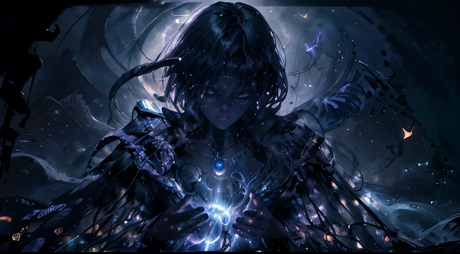 impressionism painting, realistic, 1boy, using summoning magic, jellyfish, dark skin, mystical, magical, glow, glowing, dark magical lighting, moody, cinematic, sparkle, glittering, darkness