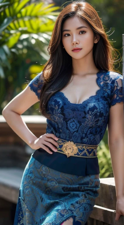 (A woman, a charming queen:1.5), (wearing skinny tight transparent kebaya, green kebaya) , (short batik saroong), at the traditional javanese temple, beautiful detailed eyes, grey blue eyes, beautiful face, detailed face, face on camera, braid hair, s-line postures, bulgy large breast, (blushy ambient), breast focus, ample cleavage, sun-tanned streaming through the building, colorful atmosphere, vivid colors, natural beauty, luxurious crown