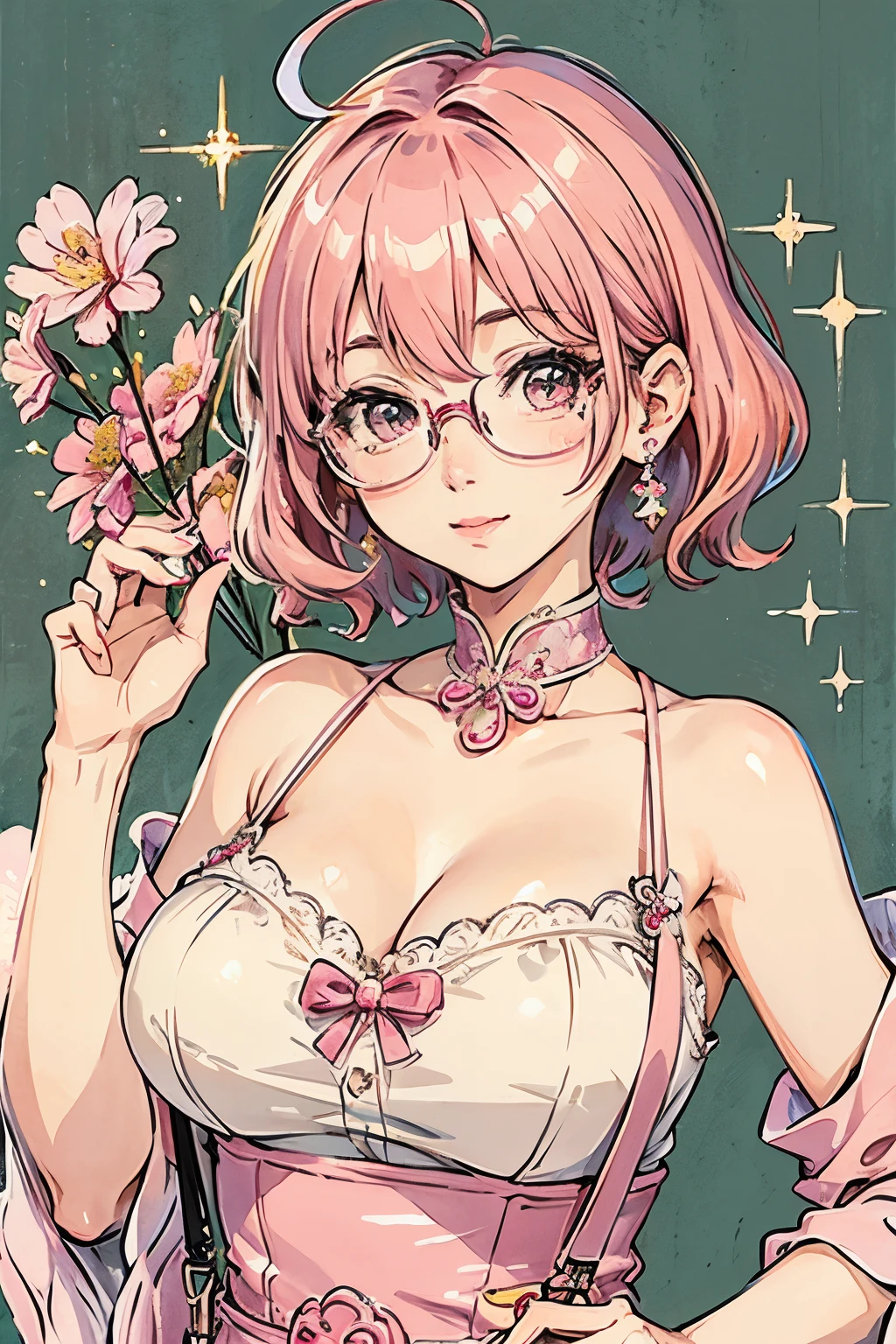 (Masterpiece:1.2, Best Quality), (dinamic lighting) 1lady, 独奏, Short hair, big breasts,  (sparkly skin:1.2), upper-body, eyeglasses, contemporary, wavy pink hair,pink suspenders, flower on ear, Harajuku style, hair pin, loli ,ahoge