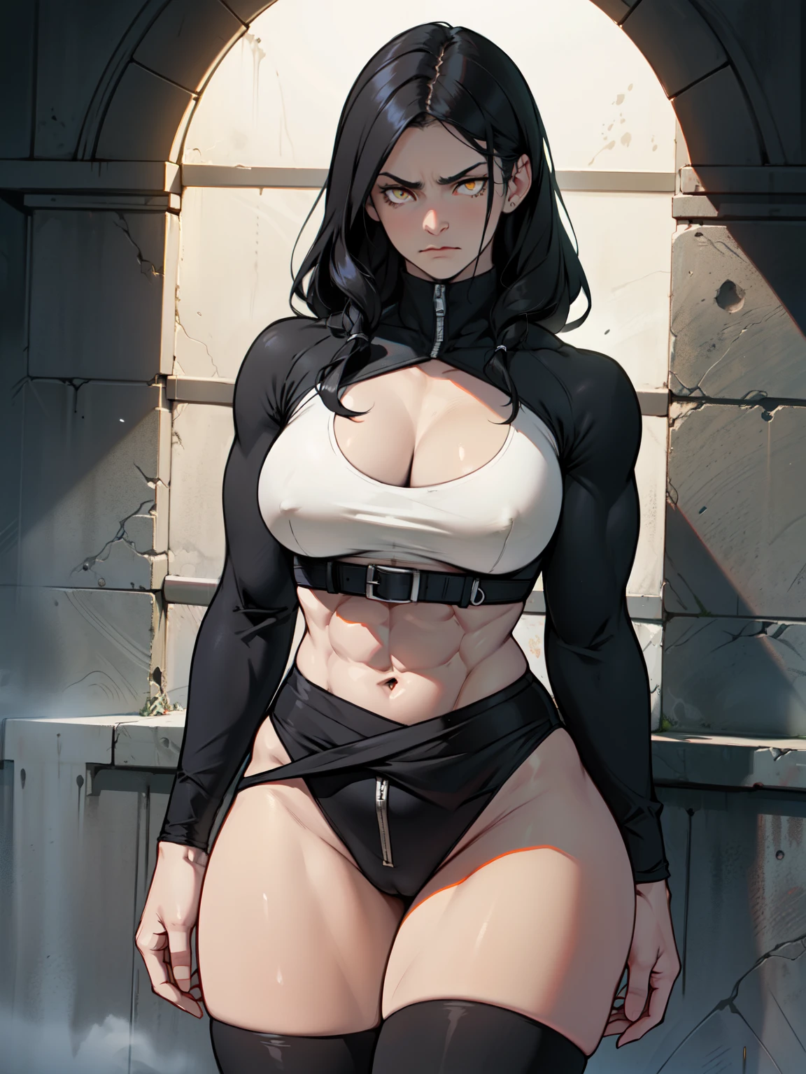 (((muscular girl))) ((thin waist toned body large breasts thick thighs)) pale skin girl black hair yellow eyes frown chiaroscuro