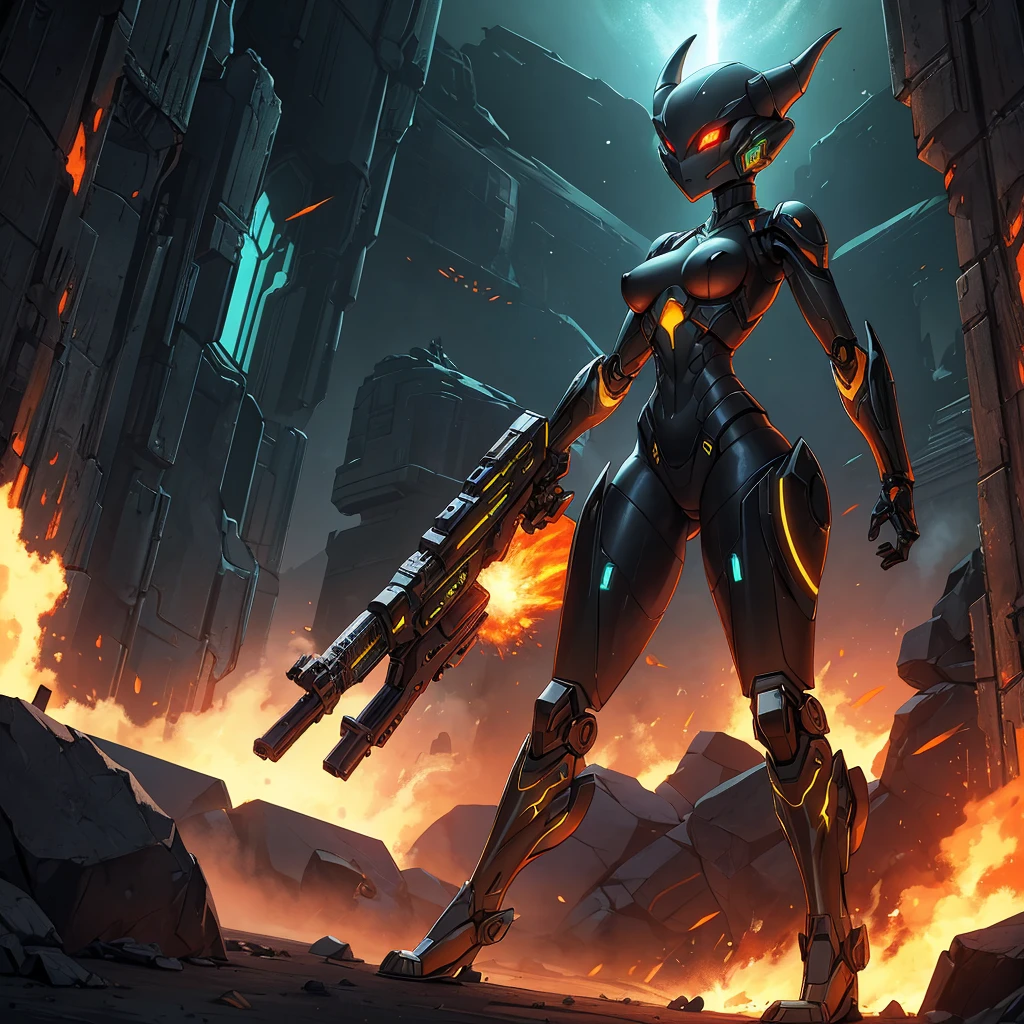 Solo, female, green black , furry, anthro, kobold, android, metallic, robotic, shiny, no clothes, small breasts, thin body, curved thighs, standing, battlefield, holding blaster gun, demonic, glowing eyes, explosions, fires, debri, science fiction, scifi, high quality, mastpiece, war, fighting,