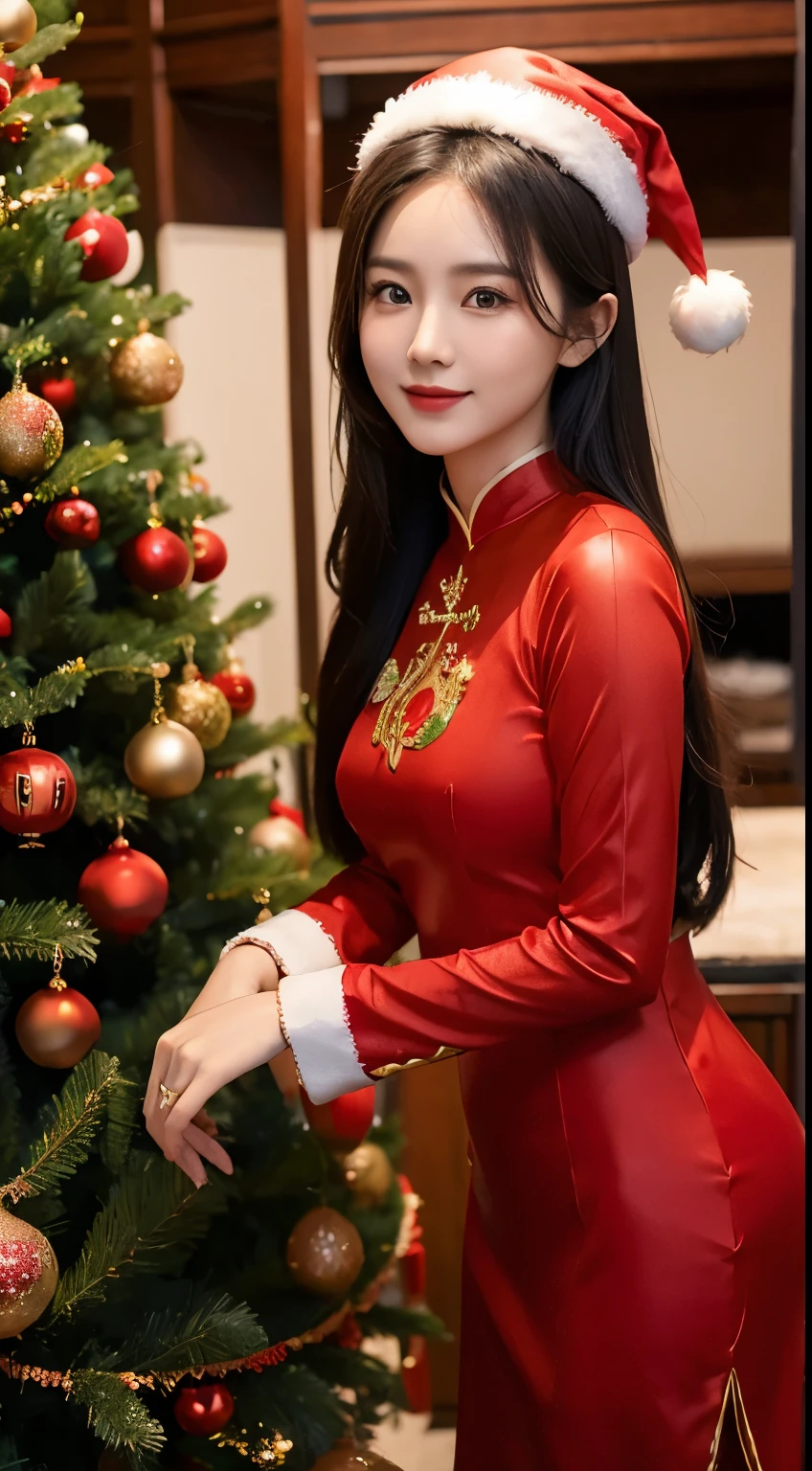 (Beautiful Vietnamese Woman),(Red Ao Dai),(Santa Claus hat),Christmas tree,Christmas atmosphere masterpiece,top-quality