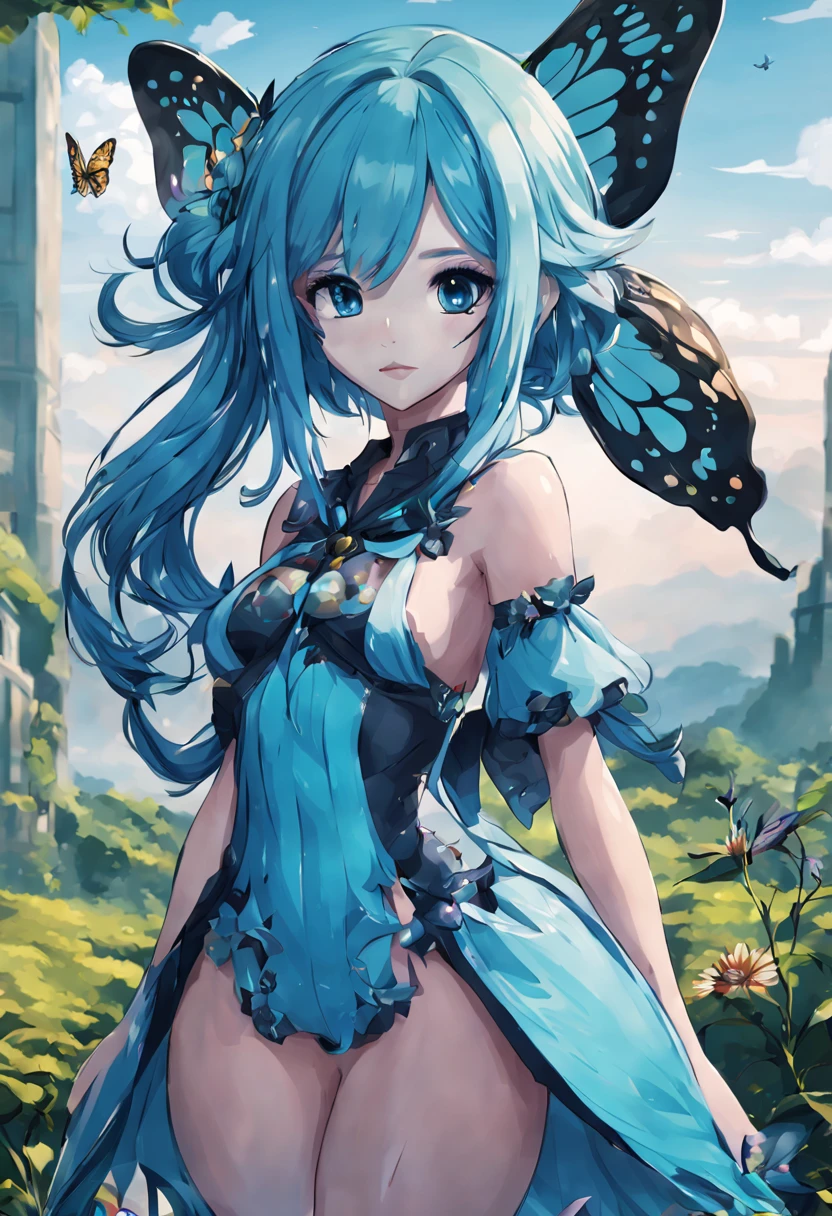 anime girl with blue hairs and a butterfly theme costume beautiful background