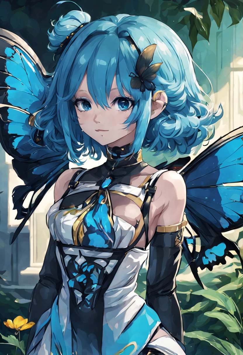 anime girl with blue hairs and a butterfly theme costume beautiful background
