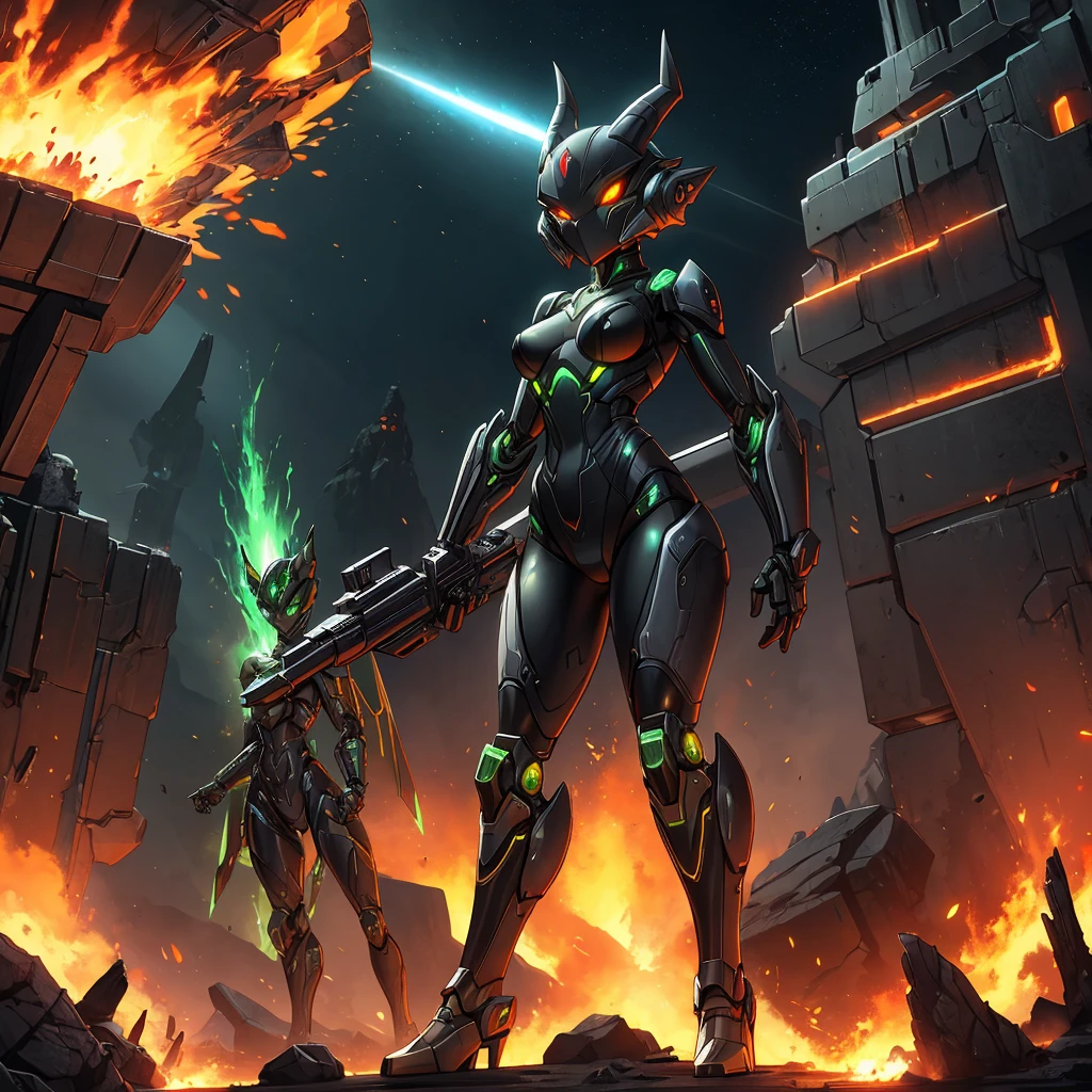 Solo, female, green black , furry, anthro, kobold, android, metallic,  robotic, shiny,  no clothes, small breasts, thin body, curved thighs,  standing, battlefield, holding blaster gun,  demonic, glowing eyes, explosions, fires, debri, science fiction,  scifi, high quality,  mastpiece, war, fighting,