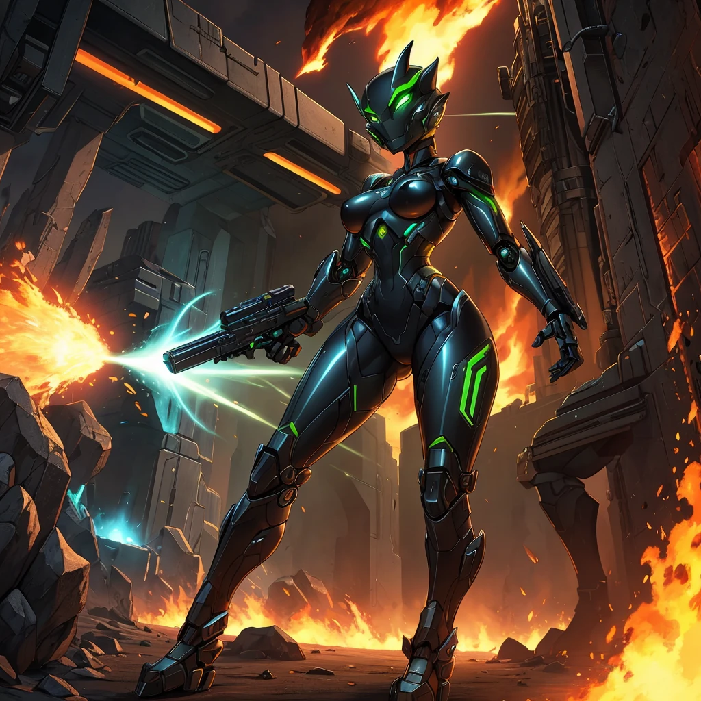 Solo, female, green black , furry, anthro, kobold, android, metallic,  robotic, shiny,  no clothes, small breasts, thin body, curved thighs,  standing, battlefield, holding blaster gun,  demonic, glowing eyes, explosions, fires, debri, science fiction,  scifi, high quality,  mastpiece, war, fighting,