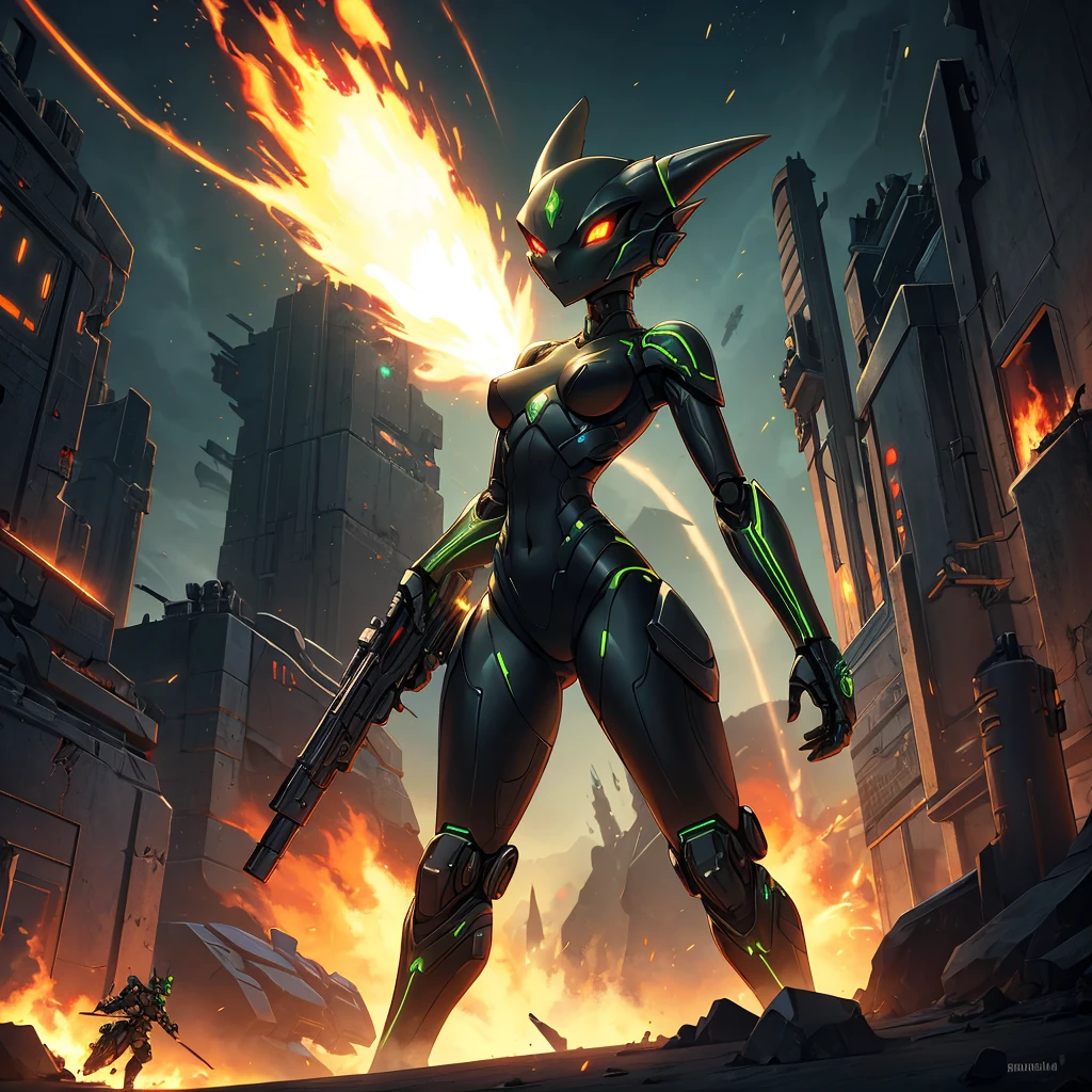 Solo, female, green black , furry, anthro, kobold, android, metallic,  robotic, shiny,  no clothes, small breasts, thin body, curved thighs,  standing, battlefield, holding blaster gun,  demonic, glowing eyes, explosions, fires, debri, science fiction,  scifi, high quality,  mastpiece, war, fighting,