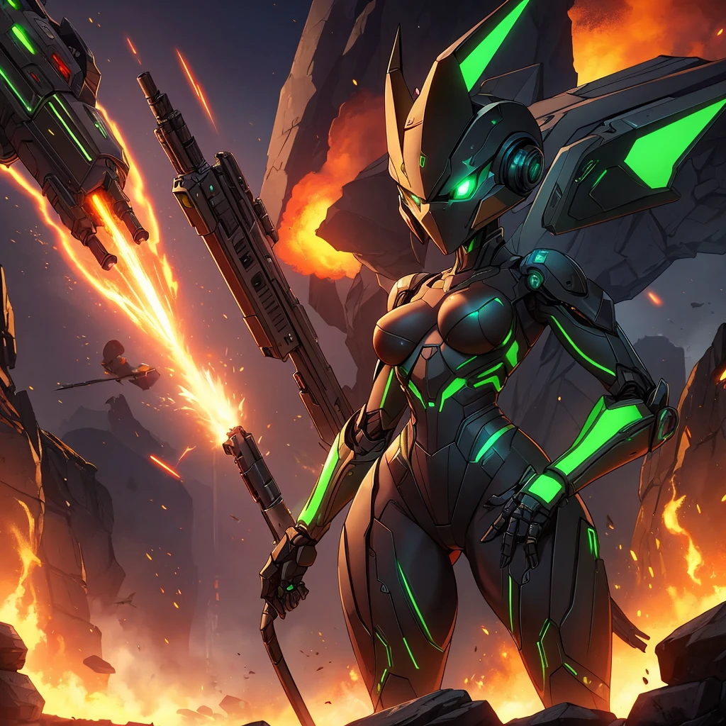 Solo, female, green black , furry, anthro, kobold, android, metallic, robotic, shiny, no clothes, small breasts, thin body, curved thighs, standing, battlefield, holding blaster gun, demonic, glowing eyes, explosions, fires, debri, science fiction, scifi, high quality, mastpiece, war, fighting,